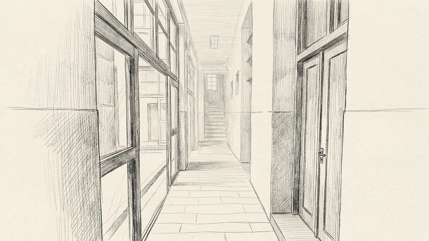 A bare institutional corridor lit by a run of windows