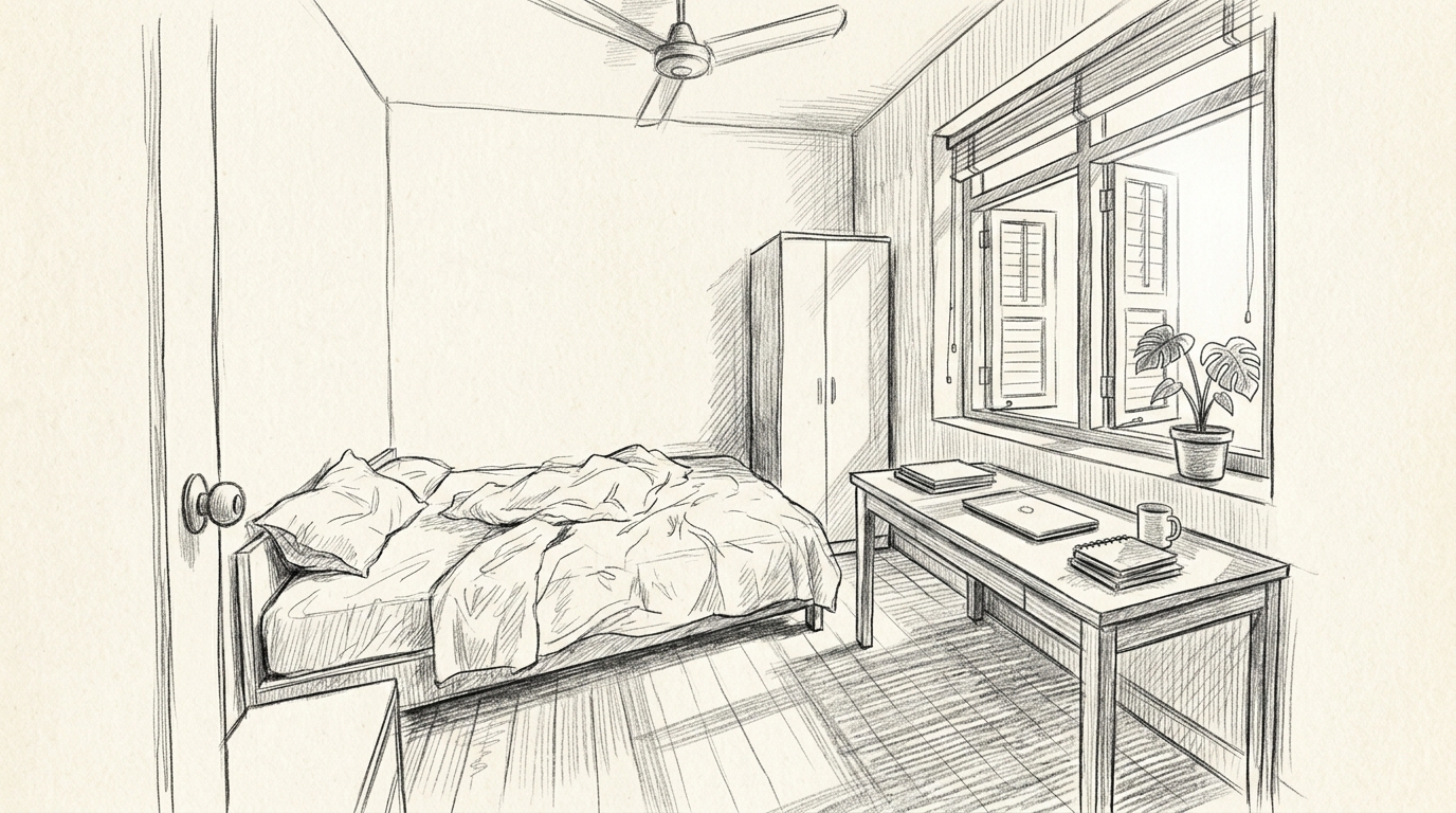 A co-living bedroom with a single bed, a desk by the window and a ceiling fan, illustrating viewing a room remotely