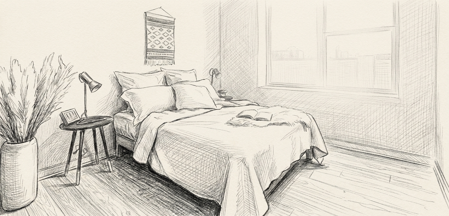 A co-living bedroom corner with a reading lamp and a potted plant
