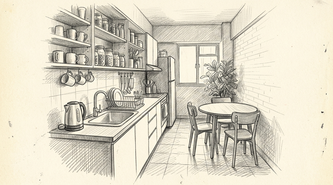 A galley kitchen with open shelving running through to a shared dining table
