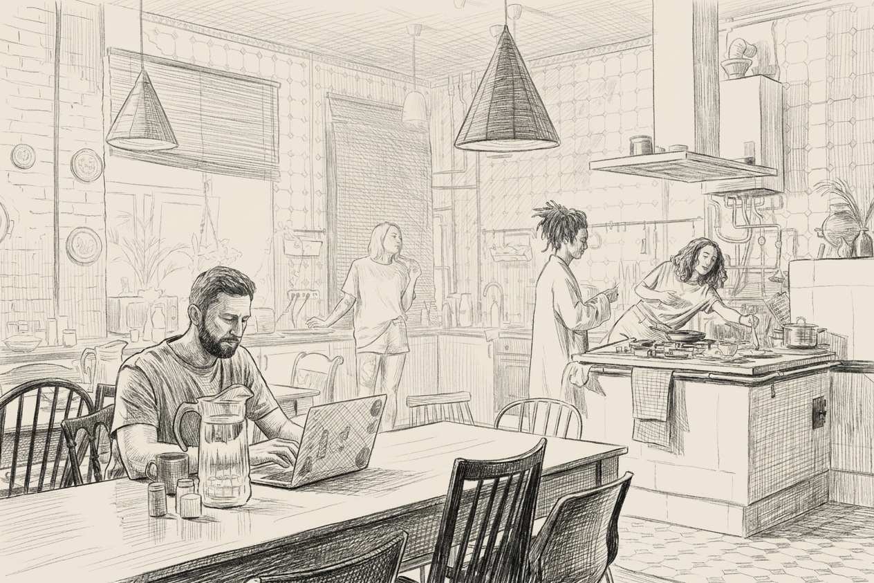 Housemates at a shared kitchen table, one of them working on a laptop