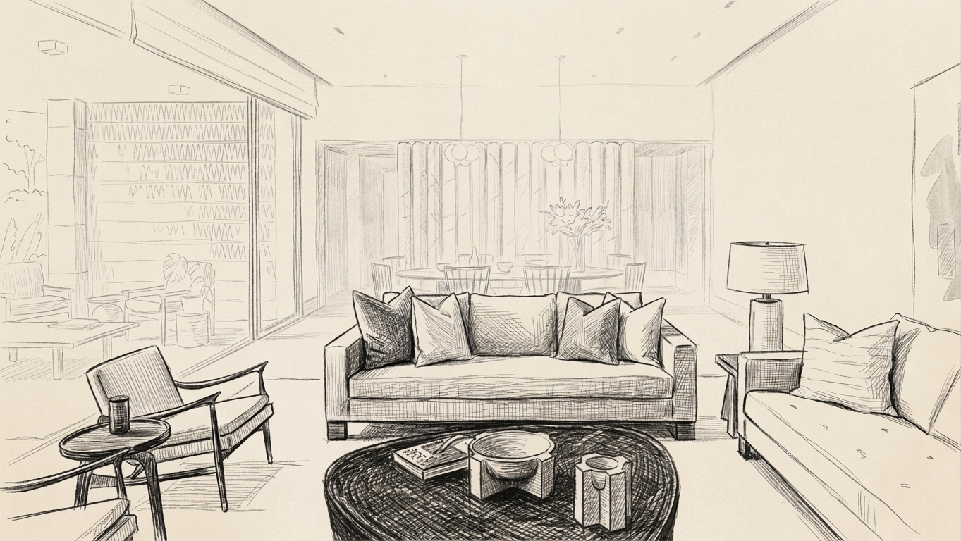 Sofas arranged around a shared co-living living room