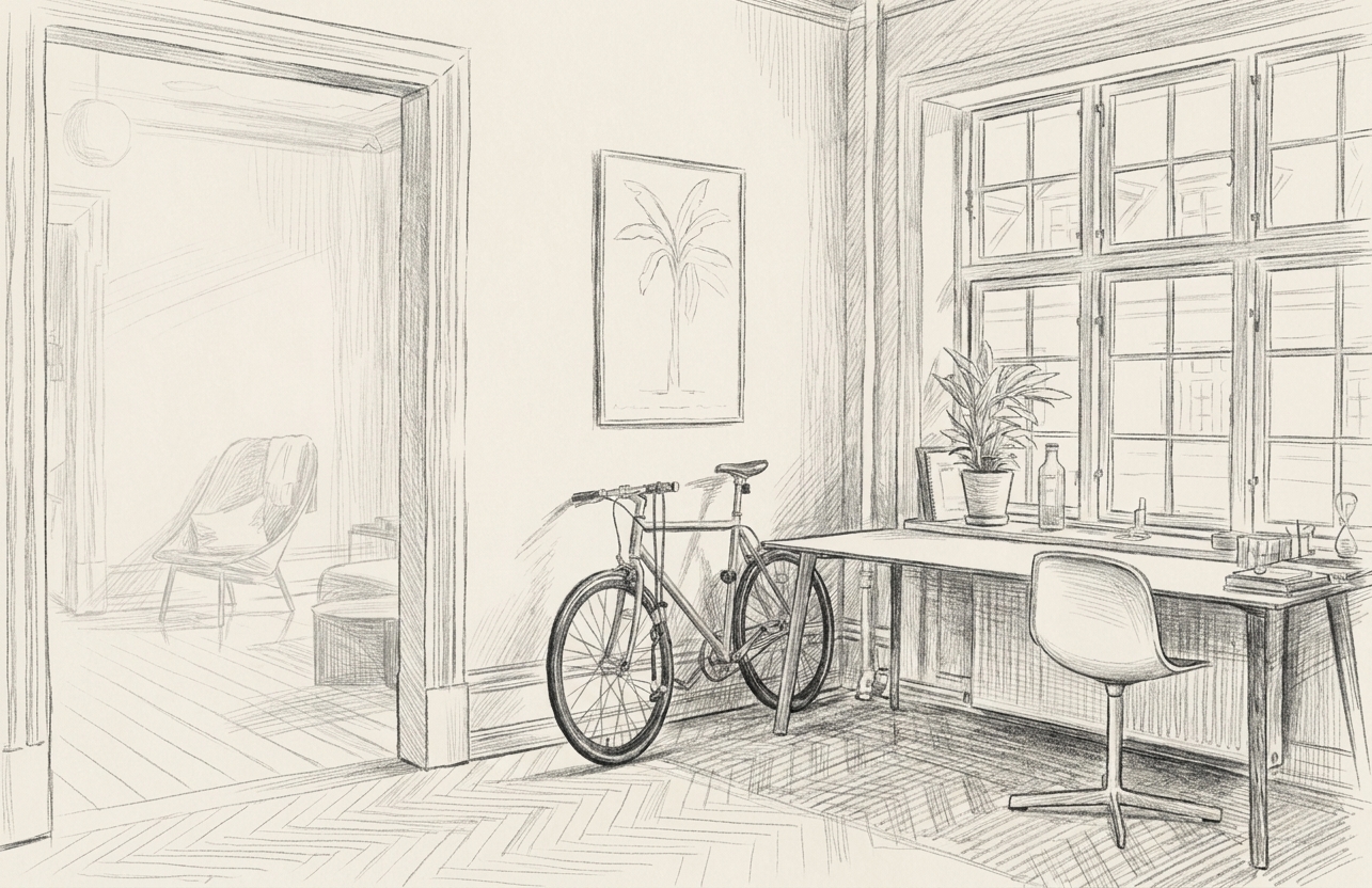 A studio room with a bicycle parked beside the desk
