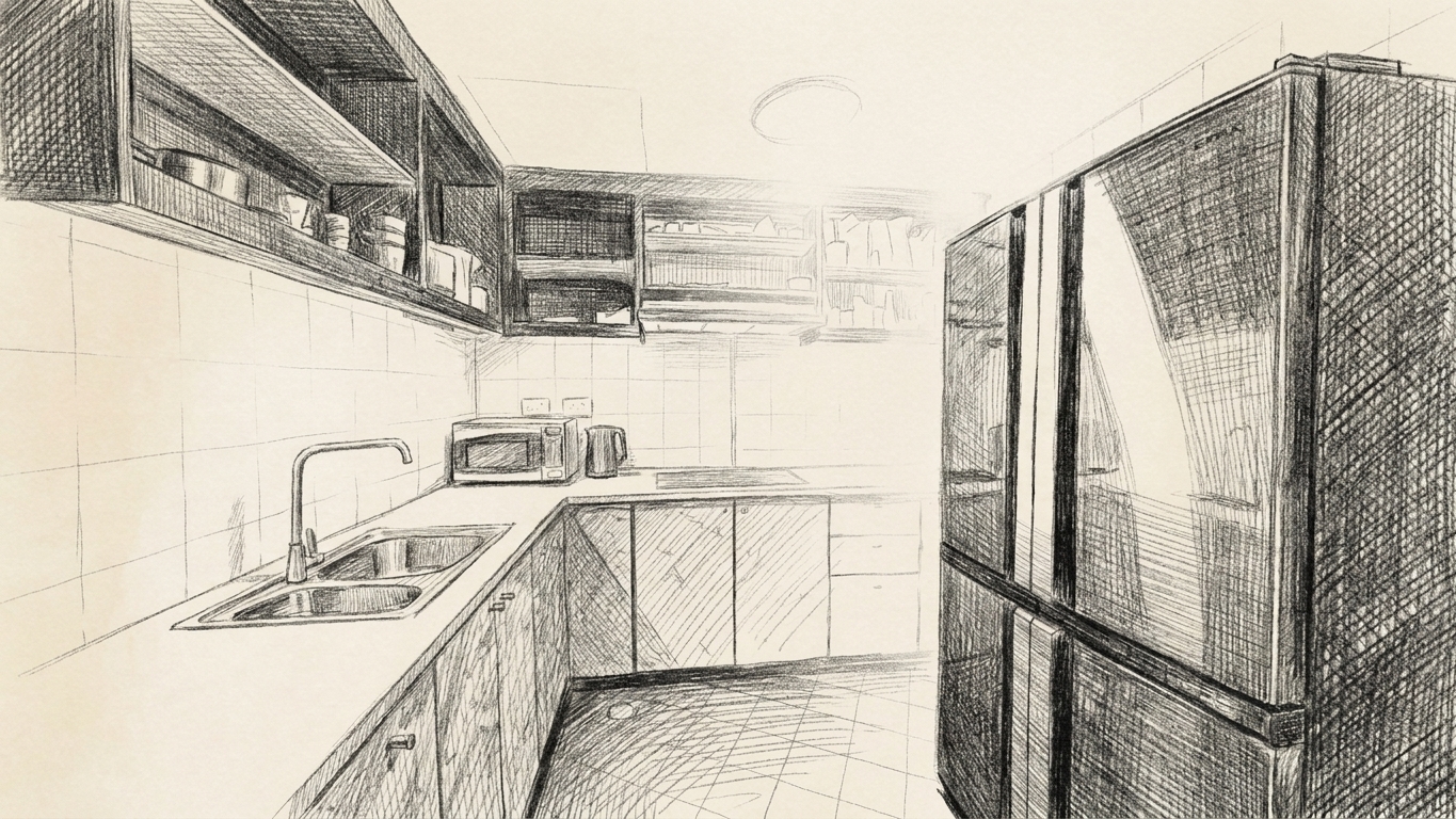 The shared kitchen at Chiltern Park with the house fridge
