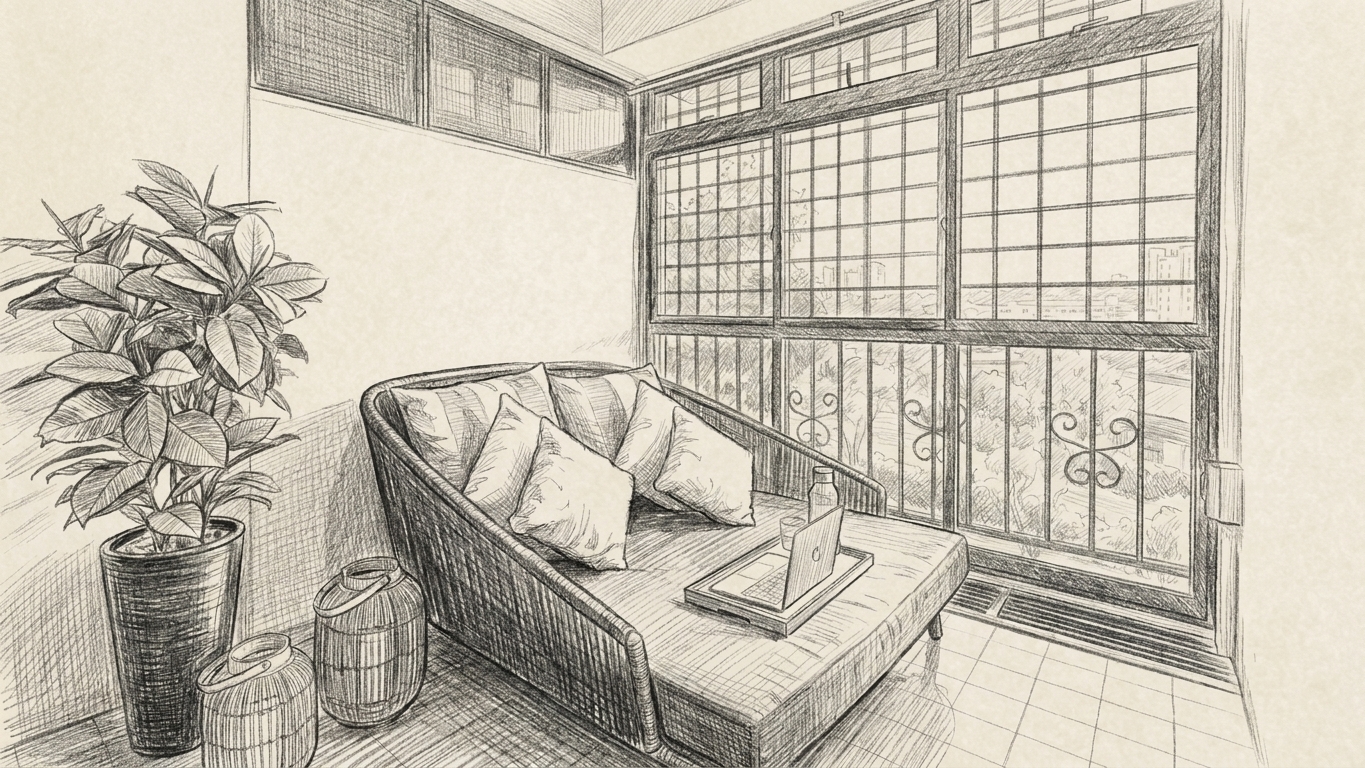 The lounge at Thomson Grove, sofa and houseplants