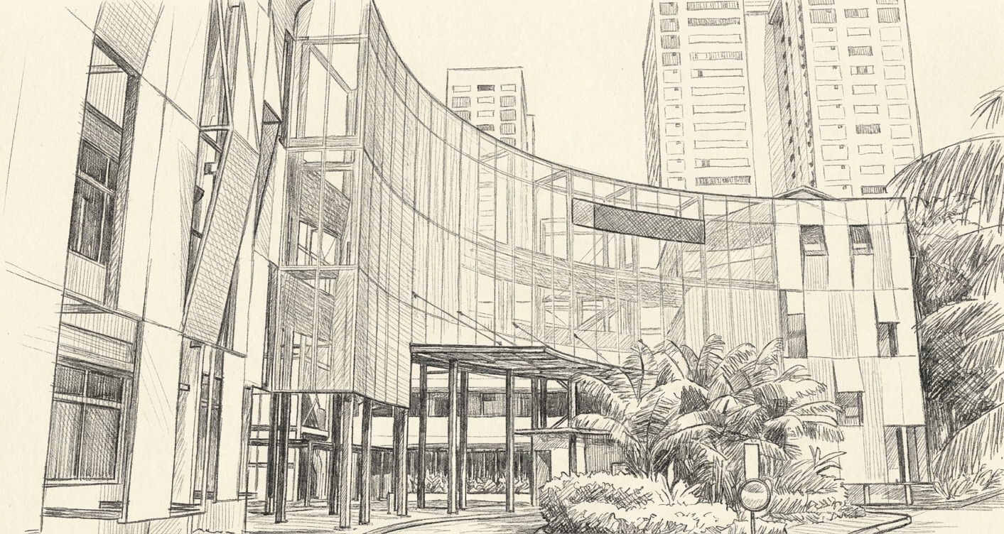 The curved glass frontage of Curtin Singapore, illustrating housing near curtin singapore