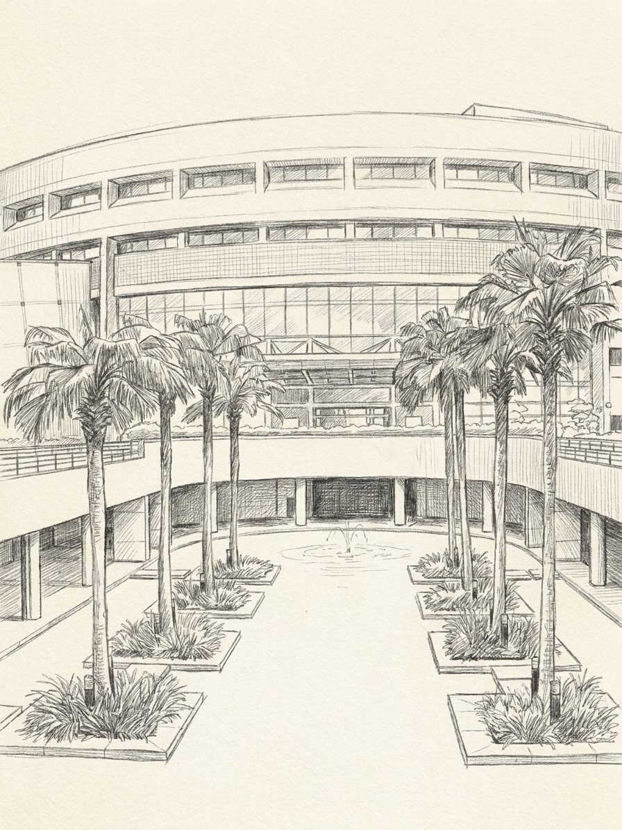 A palm lined courtyard at Nanyang Polytechnic, illustrating student housing near nanyang polytechnic