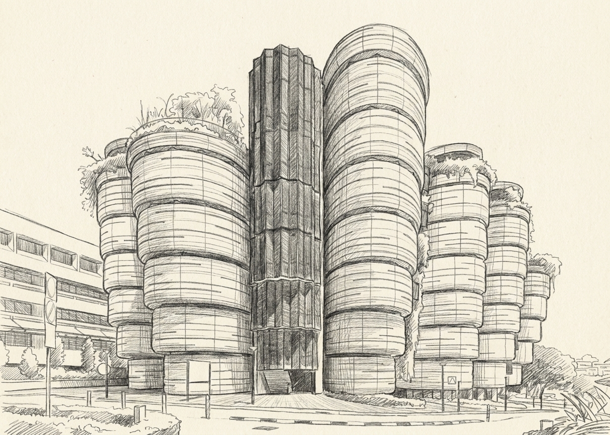 The NTU Learning Hub, the university's landmark stacked building, illustrating ntu halls vs co-living