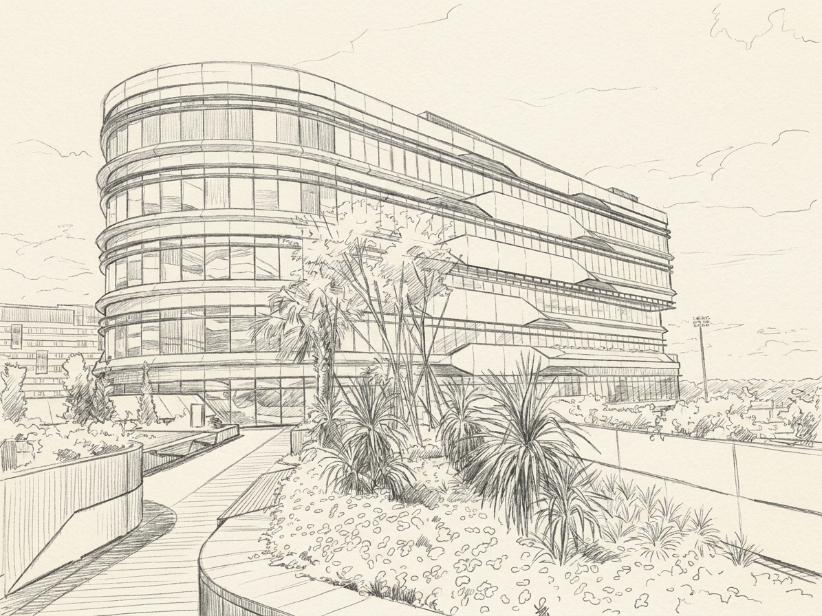 The curved main building at the Singapore University of Technology and Design, illustrating student housing near sutd