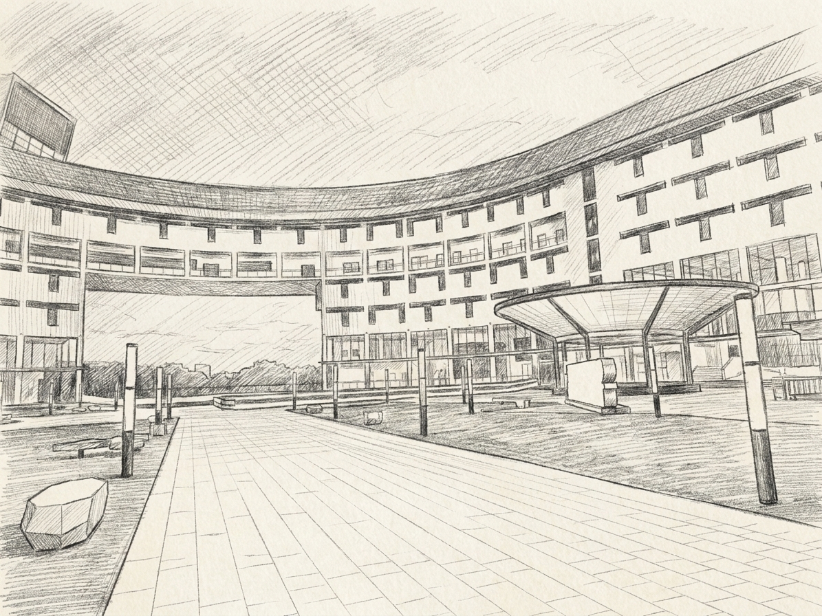 The curved courtyard at Temasek Polytechnic, illustrating student housing near temasek polytechnic