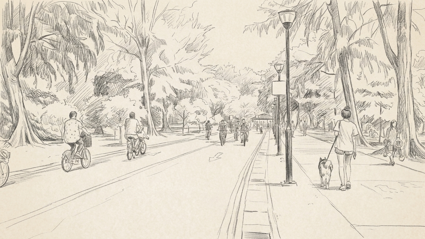 The cycling path running under the trees at East Coast Park, illustrating east coast vs city fringe