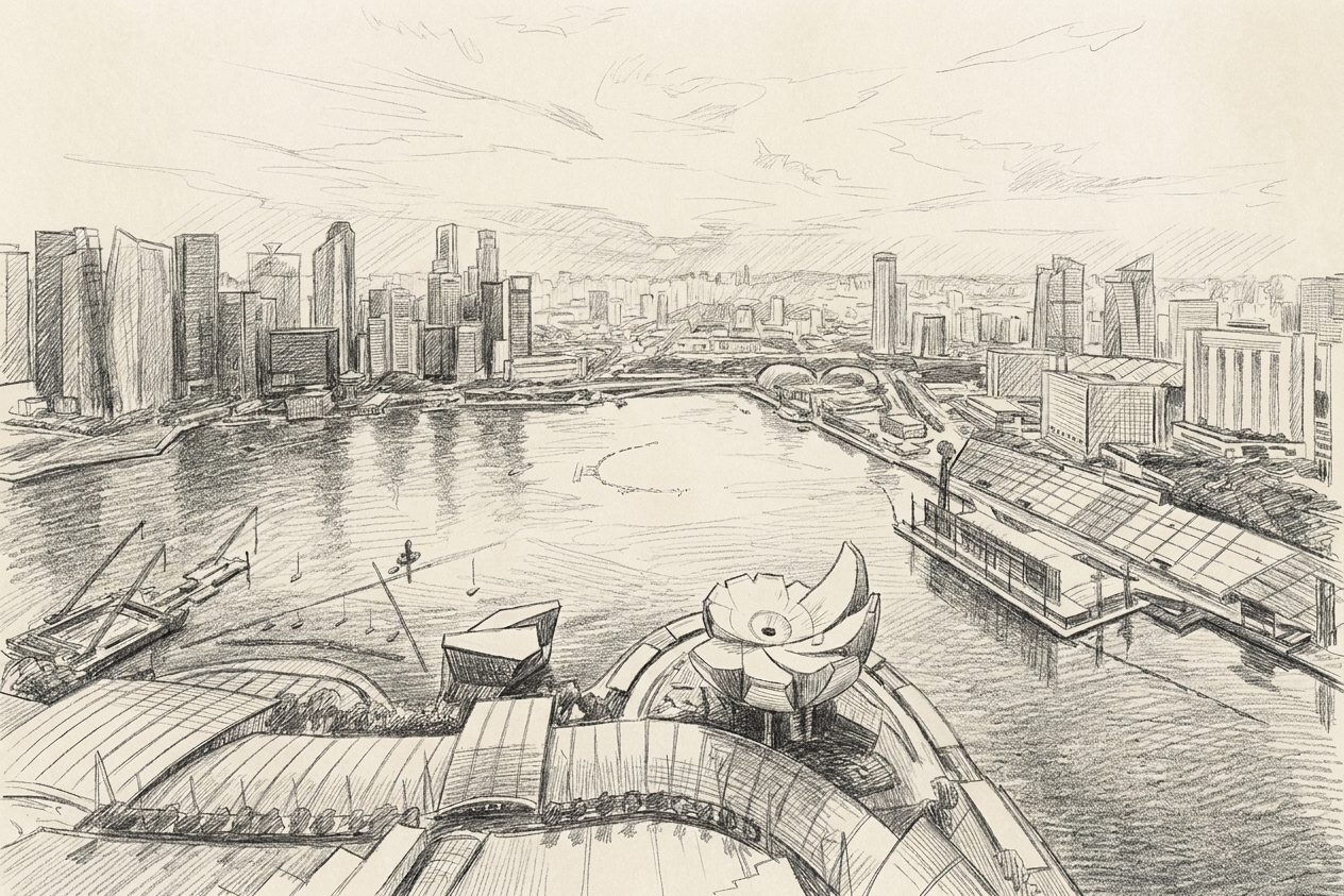 A panorama of Marina Bay in late afternoon light, illustrating first-time employment pass holders