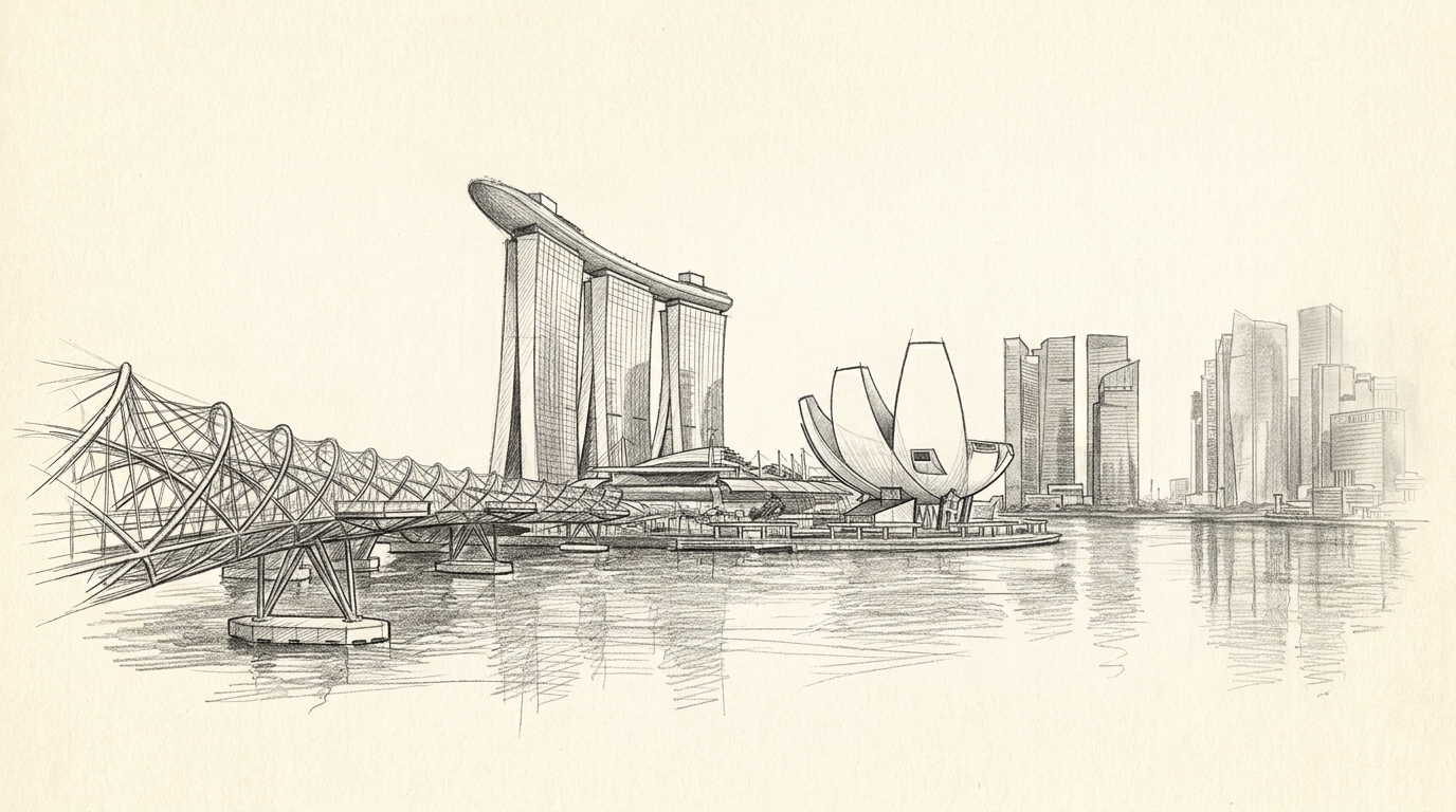 Marina Bay Sands, the Helix Bridge and the ArtScience Museum against the skyline, illustrating hong kong vs singapore rent