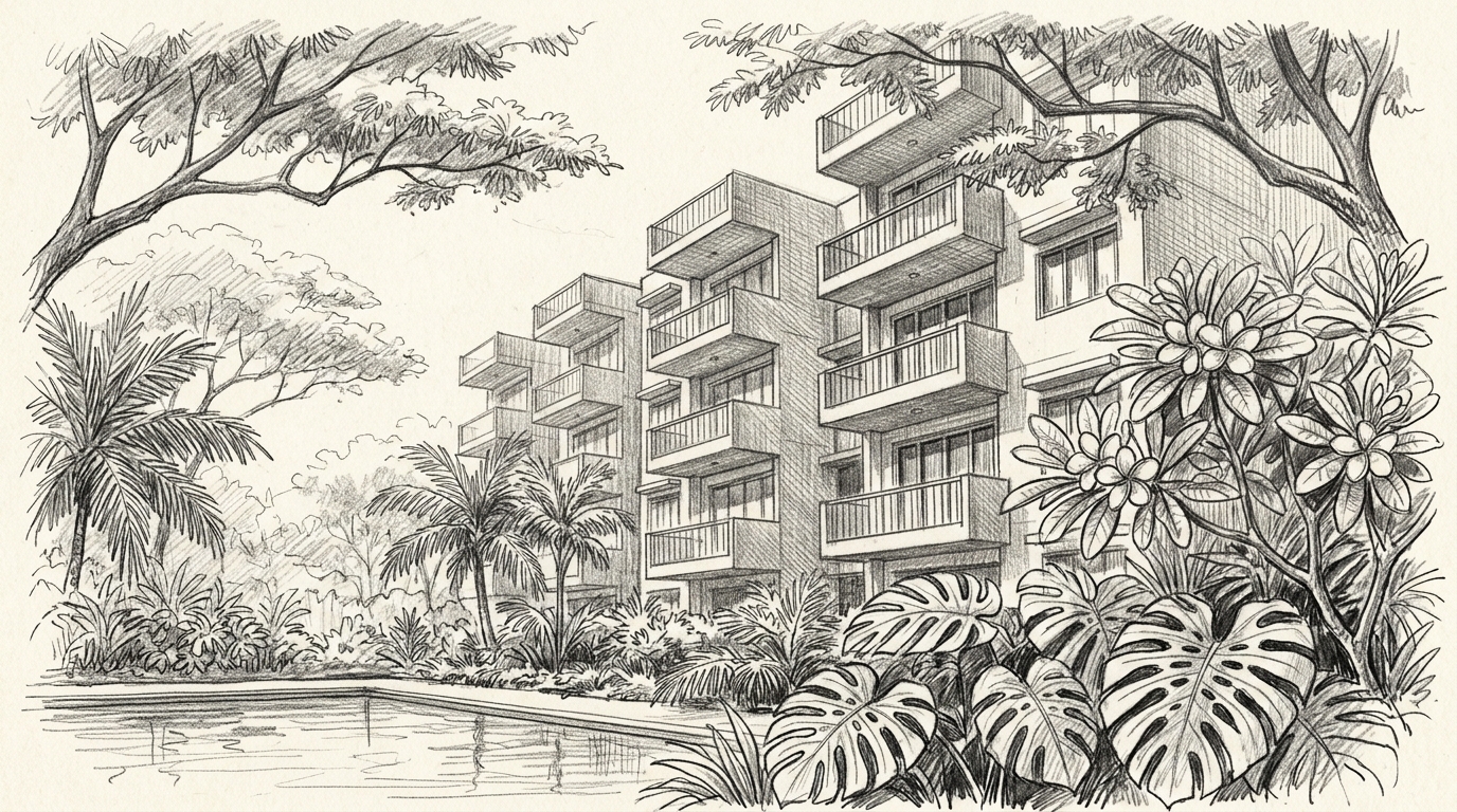 A condominium pool surrounded by tropical planting