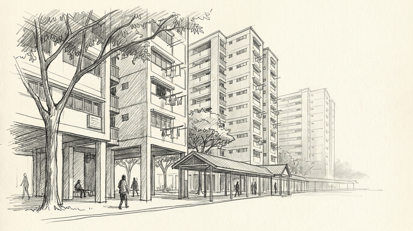 HDB blocks and trees above an open void deck, illustrating why young singaporeans are choosing co-living