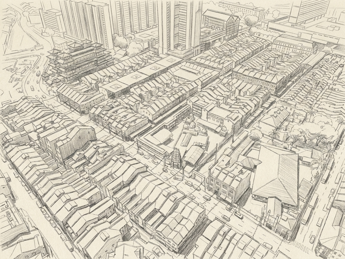 Chinatown shophouse roofs seen from above, illustrating finding chinese community and food near your room in singapore
