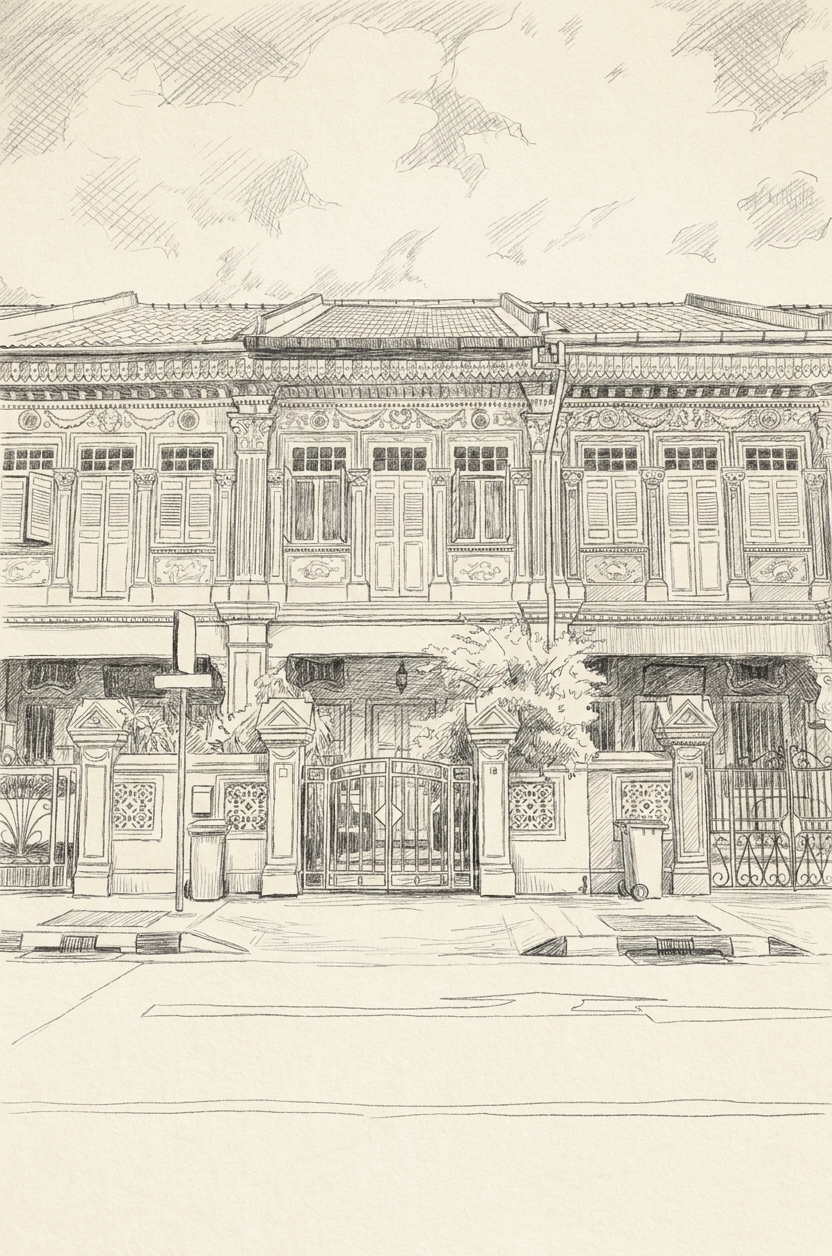 Peranakan shophouse facades in Joo Chiat, illustrating joo chiat and katong rent guide