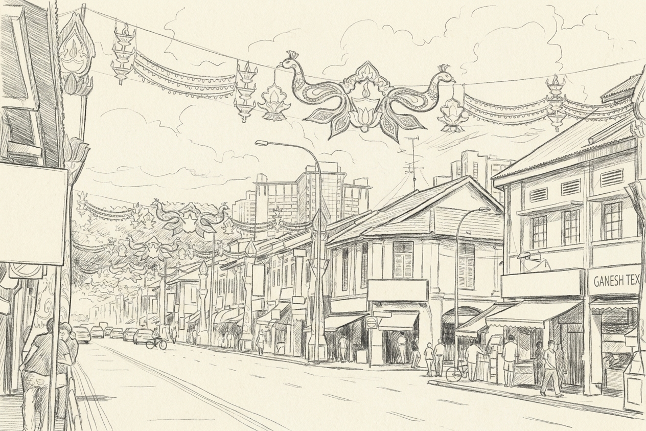 Festive garlands strung across a shophouse in Little India