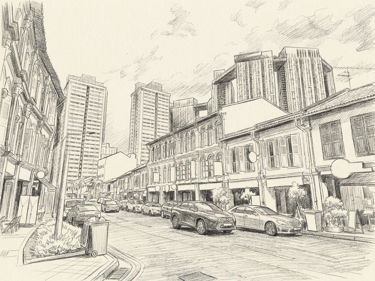 Shophouses in Tanjong Pagar with the towers rising behind them, illustrating finding korean food and community near your room in singapore