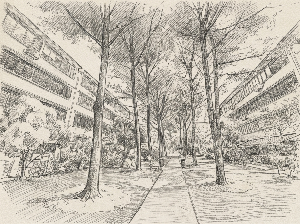 A shaded walkway between the Tiong Bahru blocks, illustrating tiong bahru renter's guide