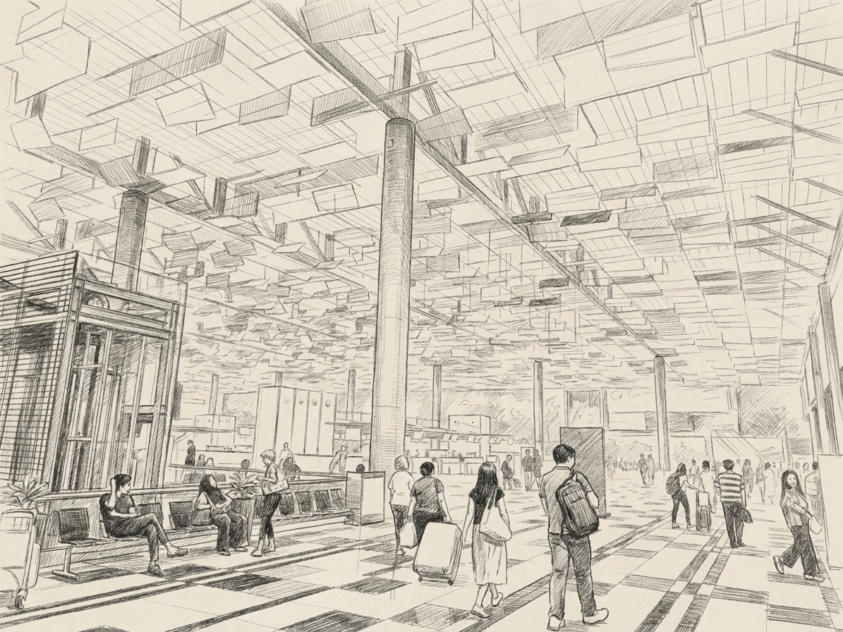 Travellers inside a Changi Airport terminal, illustrating housing for aviation industry workers near changi