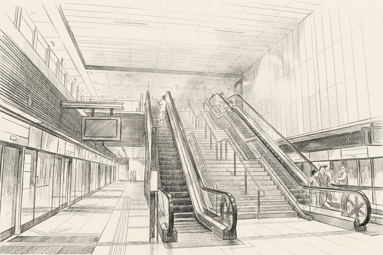 Escalators running down into an MRT station