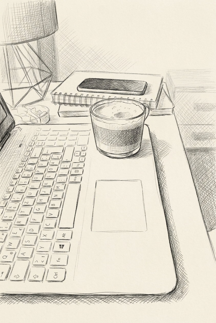 A laptop and a coffee on a desk