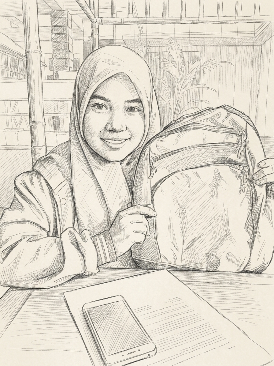 A student at a desk with a backpack and a phone