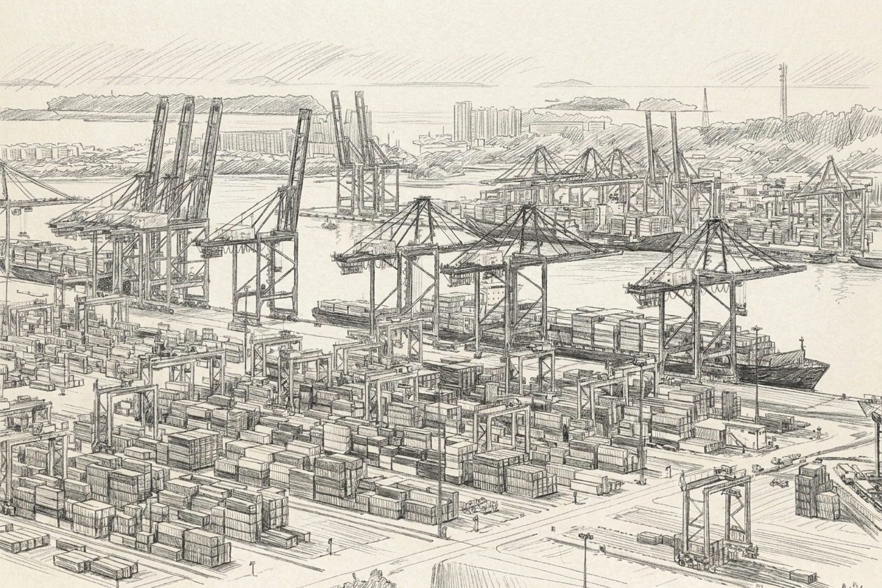 Gantry cranes over stacked containers at the PSA port, illustrating housing for maritime and shipping professionals in singapore